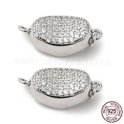 Rhodium Plated 925 Sterling Sliver Micro Pave Clear Cubic Zirconia Box Clasps, 1-Strand, 2-Hole, with 925 Stamp, Oval, Real Platinum Plated, 17x8.5x8mm, Hole: 2.1mm
