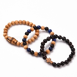 Set di bracciali elasticizzati, con perle naturali di bodhi, perline in legno naturale e perle di lapislazzuli, diametro interno: 2-1/4 pollice (5.7 cm), 3 pc / set