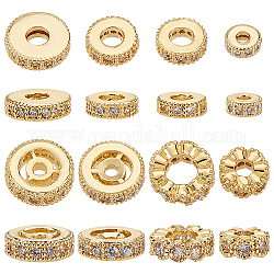 PandaHall Elite 16Pcs 8 Styles Brass Micro Pave Cubic Zirconia Beads, Flat Round, Golden, 4~8.5x2~3mm, Hole: 1~4mm, 2pcs/style