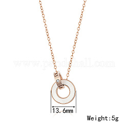 Collar con colgante de anillos entrelazados de concha natural con números romanos y cadenas de cable de acero inoxidable, oro rosa, colgante: 13.6 mm