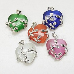 Cat Eye Pendants, with Brass Findings, Heart, Platinum Color, Mixed Color, 23x21x9mm, Hole: 5x4mm