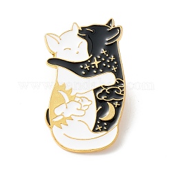 Spilla smaltata di gatto che abbraccia, spilla in lega animale per vestiti zaino, oro, nero, 35.5x22x1mm