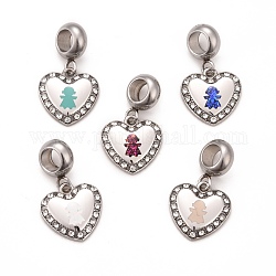 304 Stainless Steel CrystalRhinestone European Dangle Charms, Large Hole Pendants, with Enamel and Fluorescence Slice, Crystal, Heart with Girl, Mixed Color, 22.5mm, Hole: 4.5mm