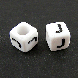 Lettera perline europee acriliche, foro orizzontale, cubo, letter.j, 10x10x10mm, Foro: 3.5~4 mm, circa 598pcs/500g