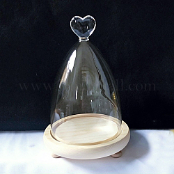 Copertura a cupola in vetro, vetrina decorativa, terrario con campana a cloche e base in legno, cuore, 13.5x21~24cm