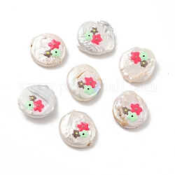 Cuentas de perlas naturales de esmalte redondas planas, patrón de flores, color de rosa caliente, 17x16x5mm, agujero: 1 mm