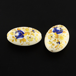 Perle acriliche opache con stampa floreale, ovale, bianco crema, 19x13.5x6mm, Foro: 2 mm