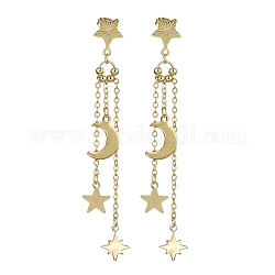 304 Stainless Steel Dangle Stud Earrings, Brass Moon with Star Tassel Earrings, Real 18K Gold Plated, 85x10.5mm