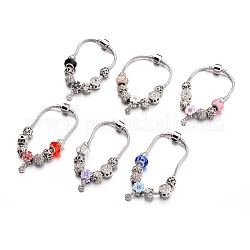 Ottone di moda i braccialetti europei, con perle di vetro e perle di strass in lega, colore misto, 190x5mm