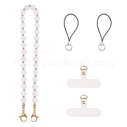 Natural Malaysia Jade & 304 Stainless Steel Round Beaded Mobile Straps, with TPU Mobile Phone Lanyard Patch and Nylon Mobile Making Cord Loops, 39cm