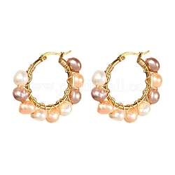 Vintage Natural Pearl Beads Earrings for Girl Women, 304 Stainless Steel Hoop Earrings, Golden, White, 32x36x7.5mm, Pin: 0.8mm