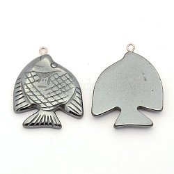 Non-magnetic Synthetic Hematite Pendants, Grade AA, with Brass Findings, Fish, 33x26x4mm, Hole: 1mm