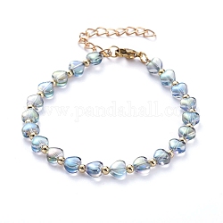 Bracelets de perles en verre peint à la bombe transparent coeur, avec perles rondes en laiton et 304 fermoir à pince en acier inoxydable, clair ab, 7-5/8 pouce (19.5 cm)