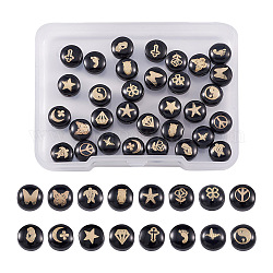 Craftdady 32Pcs 16 Style Handmade Lampwork Beads, with Golden Plated, Flat Round, Black, 8x5~6mm, Hole: 0.8mm, 2pcs/style