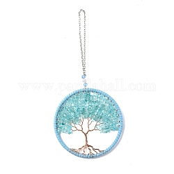 Wire Wrapped Chips Dyed Glass Big Pendant Decorations, with Iron Chains and Imitation Leather Rope, Flat Round with Tree of Life, Sky Blue, 245mm