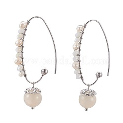 Orecchini pendenti in pietra di luna bianca naturale, con perle di conchiglia e perline di vetro, Ganci di orecchini in ottone, confezione, platino, 51mm, ago :0.9mm