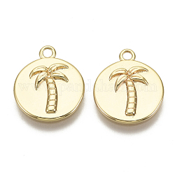Brass Pendants, Flat Round with Coconut Tree, Nickel Free, Real 18K Gold Plated, 16x13.5x2mm, Hole: 1.5mm