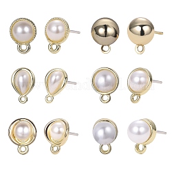 12Pcs 6 Style Alloy & Brass Stud Earring Findings, with Horizontal Loops and 20Pcs Plastic Ear Nuts, Half Round & Teardrop, Golden, 9.5~15x6.5~10mm, Hole: 1~1.5mm, Pin: 0.7mm, 2Pcs/style