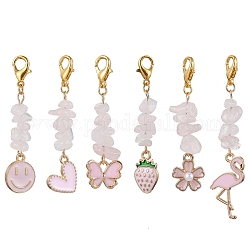 6 pièces 6 styles alliage pendentif émail décoration, Perles de quartz rose naturel et fermoirs à griffes de homard en alliage, formes mixtes, rose, 47~62mm, 6 pièces / kit