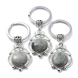 Porte-clés en labradorite naturelle, avec pendentif en laiton plaqué et anneaux en fer, sans plomb et sans cadmium, 6.6 cm