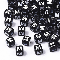 Opaque Acrylic Beads, Horizontal Hole, Alphabet Style, Cube, Black & White, Letter.M, 5x5x5mm, Hole: 2mm, about 500pcs/50g