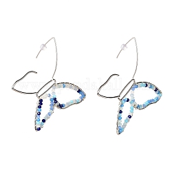 Schmetterlings-Glasperlen-Ohrringe für Mädchenfrauen, mit Messingdraht umwickelte Ohrringe, Platin Farbe, Kornblumenblau, 72x78x3 mm, Stift: 0.8 mm