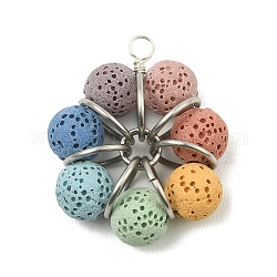 Pendentifs en perles teints en pierre de lave naturelle, breloques fleurs avec 304 apprêt en acier inoxydable, colorées, platine, 31.5x27x10mm, Trou: 3mm