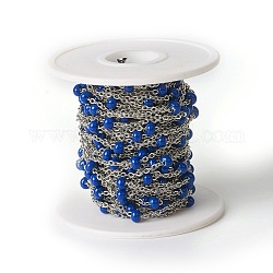 Chaînes de câbles en 304 acier inoxydable, chaînes satellites, avec l'émail, soudé, avec bobine, Ovale Plat, bleu royal, 2.4x2x0.4mm, perles: 4 mm, environ 32.8 pied (10 m)/rouleau