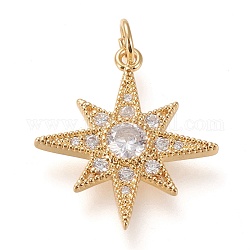 Brass Micro Pave Clear Cubic Zirconia Pendants, with Jump Rings, Long-Lasting Plated, Star, Real 18K Gold Plated, 20x18.5x2.5mm, Jump Ring: 5x0.8mm, 3.4mm Inner Diameter