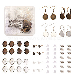 Fashewelry Brass Earring Finding Sets, 40Pcs Flat Round Brass Leverback & Earring Hook Findings & Ear Studs Settings, 60Pcs Brass Stud Earring Settings, 200Pcs 304 Stainless Steel & Plastic Ear Nuts, Mixed Color, 300pcs/box