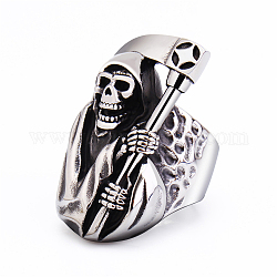 Bagues en acier titane pour hommes, Mort de crâne d'Halloween avec anneau à large bande faucille, argent antique, nous taille 11 (20.6 mm)
