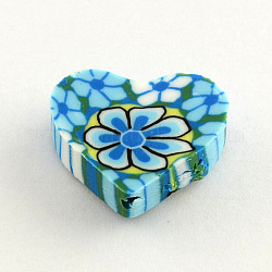 Handmade Polymer Clay Beads, Heart with Flower Design, DeepSky Blue, 13x15x4~5mm, Hole: 2mm