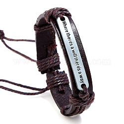 Bracelets réglables en cordon de peau de vache pour hommes, Bracelets à maillons en alliage de mots rectangulaires argentés antiques, brun coco, 6-3/4~7-1/8 pouce (17~18 cm)