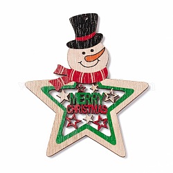 クリスマス スプレー塗装木材の大きなペンダント  星と雪だるま  カラフル  100x84.5x3mm  穴：2.5mm