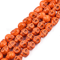 Sintetiche perline turchese fili, tinto, teschio, per halloween, arancio rosso, 10x8x7.5mm, Foro: 1.5 mm, circa 35pcs/filo