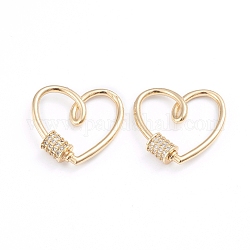 Brass Micro Pave Clear Cubic Zirconia Screw Carabiner Lock Charms, for Necklaces Making, Heart, Real 18K Gold Plated, 26.5x27x4mm, Screw: 7.5x6.5mm