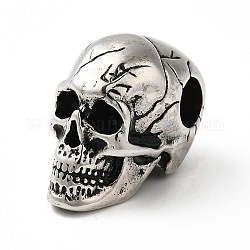 304 Stainless Steel Beads, Large Hole Beads, Skull, Antique Silver, 29x15x20mm, Hole: 7mm