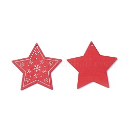 Colgantes de madera de álamo, teñido, estrella, rojo, 63x65x3mm, agujero: 3 mm