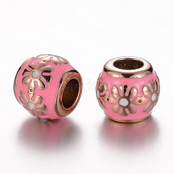 304 эмаль нержавеющей стали европейские шарики, RONDELLE с цветком, розовое золото , розовые, 11x9.5 мм, отверстие : 5 мм