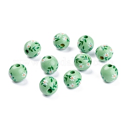 Perles de bois naturel peintes à la bombe, rond avec pettern fleur, verte, 15.5mm, Trou: 3~5mm
