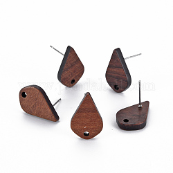 Walnut Wood Stud Earring Findings, with 304 Stainless Steel Pin, Teardrop, Coconut Brown, 17.5x11mm, Hole: 1.6mm, Pin: 0.6mm