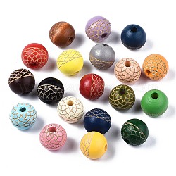 Bemalte natürliche europäische Holzperlen, Lasergravurmuster, Großloch perlen, Runde, Mischfarbe, 16x15 mm, Bohrung: 4 mm