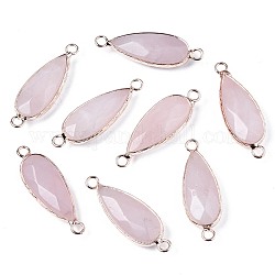 Connecteurs de liaison en quartz rose naturel, avec bord et boucle en laiton plaqué or rose, larme, 33~34x11x6mm, Trou: 2.5mm