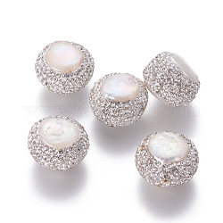 Culture des perles perles d'eau douce naturelles, avec strass en pâte polymère, plat rond, blanc, 20~21x13~16mm, Trou: 1.4mm