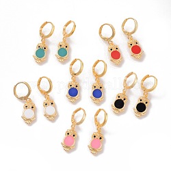 (Jewelry Parties Factory Sale)Brass Hoop Earrings, with Enamel and Rhinestone, Owl, Golden, Mixed Color, 30mm, pin: 0.9mm