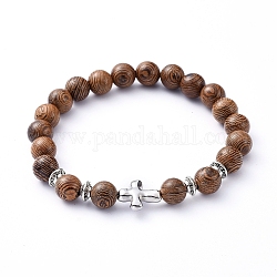 Bracelets élastiques, avec des perles en bois naturel et des perles en alliage de style tibétain, croix, brun coco, diamètre intérieur: 2 pouce (5.1 cm)
