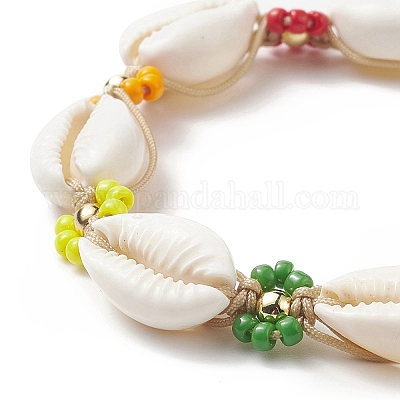 Natural Cowrie Shell & Glass Seed Flower Braided Bead Bracelets for Women, Colorful, Inner Diameter: 2~3-5/8 inch(5~9.1cm) Shell