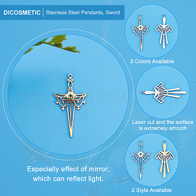 DICOSMETIC 8pcs 4 Style Stainless Steel Pendants Laser Cut Sword Charms Pendants in Golden for DIY Necklace Bracelet Earring