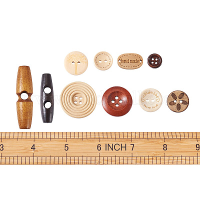 Wooden Buttons, 2-Hole, with Word, Flat Round with Word Handmade with Love, Blanched Almond, 15x3mm, Hole: 2mm Wood Flat Round