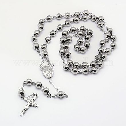 Collar de cuentas de rosario para hombres con cruz de crucifijo NJEW-I011-8mm-06-1